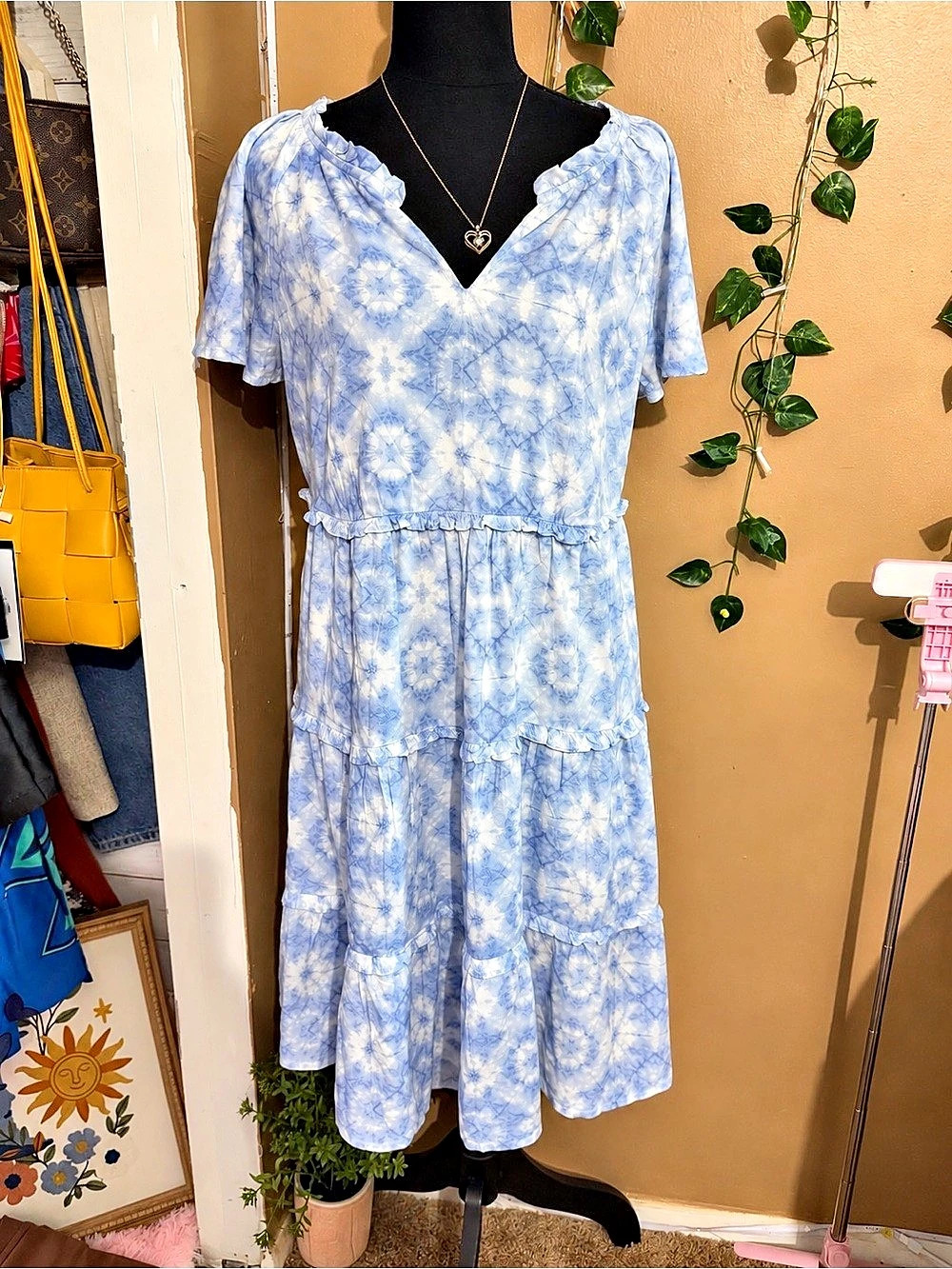 beachlunchlounge Tie-Dye Midi Dress Blue & White XS